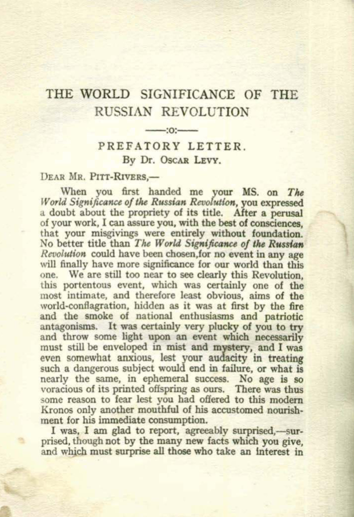 Oscar Levy - Preface to The World Significance of the Russian Revolution - 1920 - 1